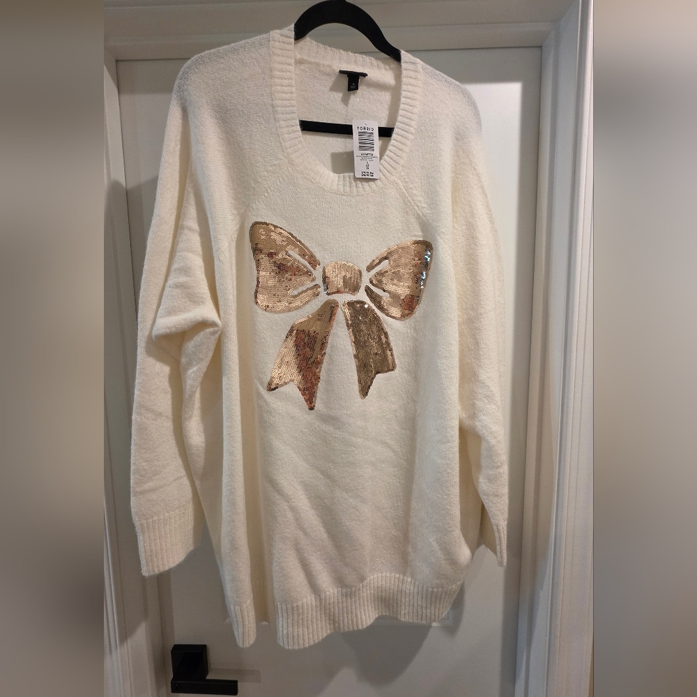Cream Sequin Bow Vegan Cashmere Sweater - Women's Sweater